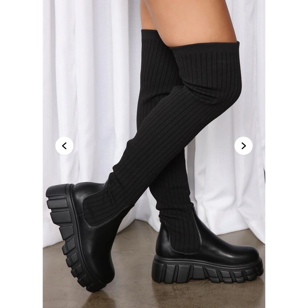 Thigh High Platform Boots Fashion Nova Women Size 7.5 Black Chunky Stretch Y2K